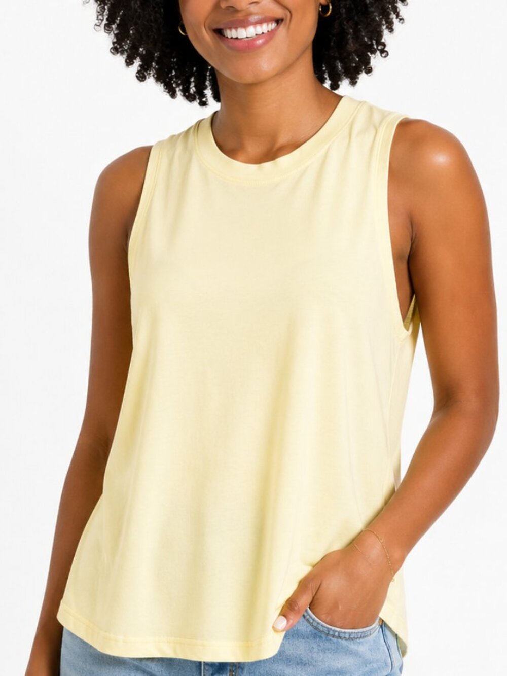 Large pastel yellow tank. Sleeveless shirt. Yoga Workout Everyday Active Comfy